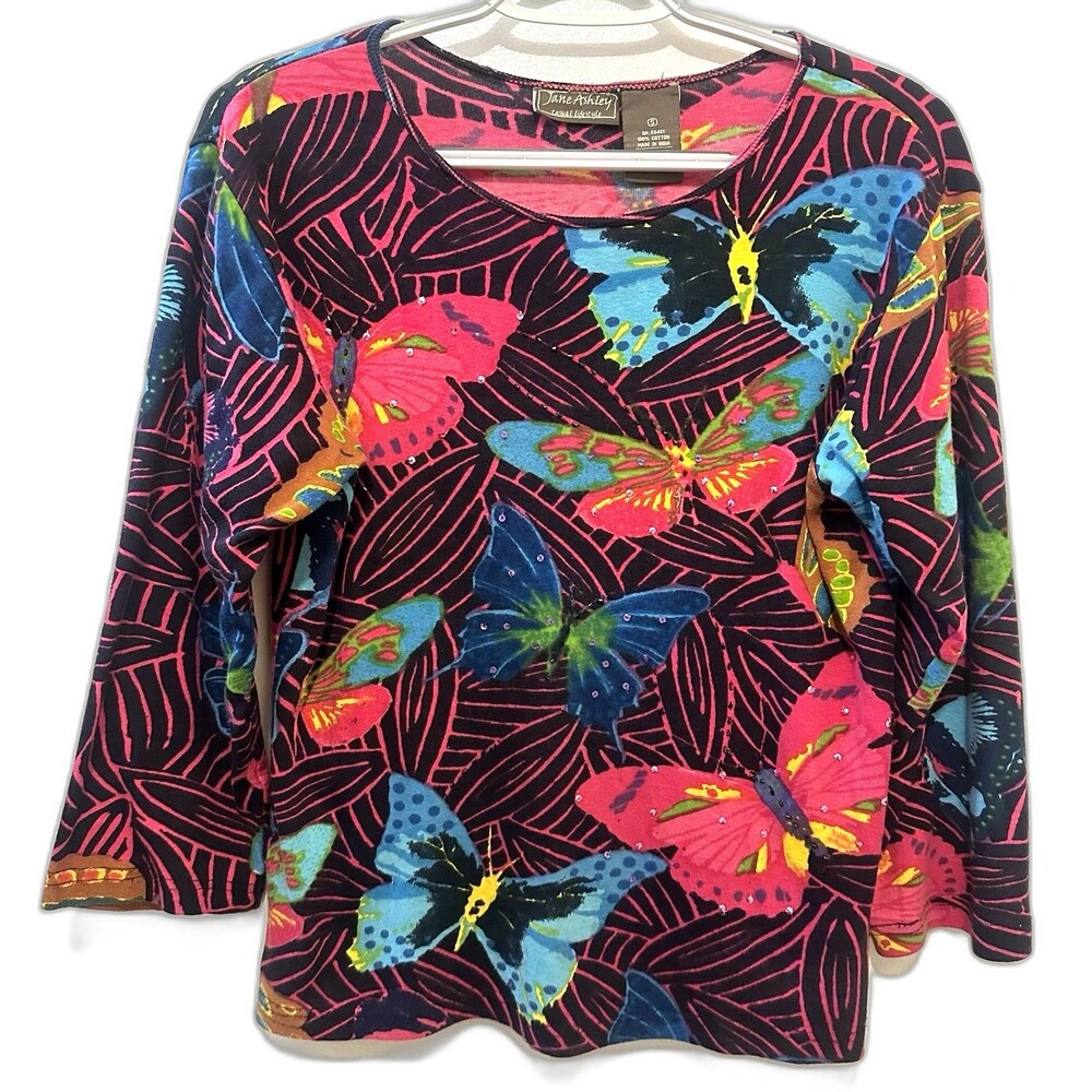 Vintage Y2K Jane Ashley Casual Lifestyle Butterfly Print Top Womens Small